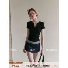 批发【260克人棉1*1<b class='q'>莫代尔</b>】黑色v领假两件正肩短袖t恤女装夏季修身上