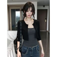 批发【260克人棉1*1<b class='q'>莫代尔</b>】黑色中袖开衫女修身百搭设计感两件套上衣