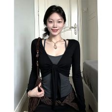 批发【260克人棉1*1<b class='q'>莫代尔</b>】早秋叠穿<b class='q'>吊带</b>开衫两件装长袖t恤女显瘦上