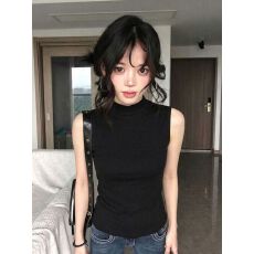 批发【260克 人棉2*2<b class='q'>莫代尔</b>】半高领黑色无袖T恤背心夏季修身辣妹上衣