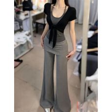 批发【260克人棉1*1<b class='q'>莫代尔</b>】 黑色外衫短袖女夏季修身<b class='q'>吊带</b>背心两件套