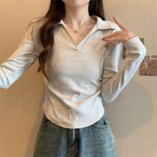 批发【230克40支1*1精梳紧密95棉】polo领长袖<b class='q'>t</b><b class='q'>恤</b>女2024新款修身ins