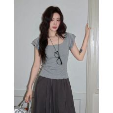 批发【260克人棉1*1<b class='q'>莫代尔</b>】灰色u领小飞袖短袖t恤女26夏季修身上衣潮