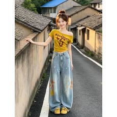 批发230克40支1*1精梳紧密95棉斜肩露肩印花短袖<b class='q'>t</b><b class='q'>恤</b>女2026新上衣