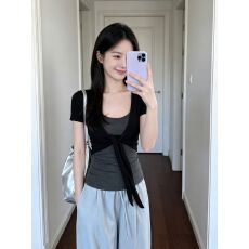批发【260克人棉1*1<b class='q'>莫代尔</b>】 夏季辣妹套装女短袖开衫背心吊带两件装
