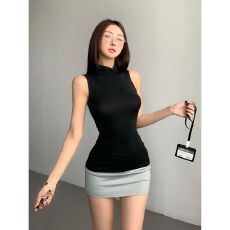 批发【260克人棉1*1莫代尔】 <b class='q'>欧美风</b>夏季新款修身半高领无袖背心上衣