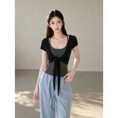 批发【260克人棉1*1<b class='q'>莫代尔</b>】 夏女黑色短袖开衫修身背心吊带假两件装