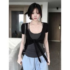 批发【260克人棉1*1<b class='q'>莫代尔</b>】韩系套装女夏季新款绑带开襟外套吊带<b class='q'>背心</b>