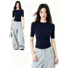 批发【260克 人棉1*1莫代尔】五分<b class='q'>袖</b>春夏正肩圆领T恤女新早秋修身<b class='q'>上衣</b>