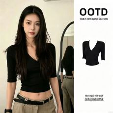 批发【260克人棉1*1莫代尔】辣妹黑色V领中<b class='q'>袖</b>T恤女修身显瘦五分<b class='q'>袖</b><b class='q'>上衣</b>
