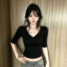 批发【260克人棉1*1莫代尔】v领正肩五分<b class='q'>袖</b>t恤女2026夏款修身显瘦<b class='q'>上衣</b>