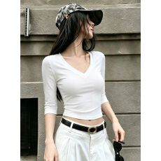 批发【260克人棉1*1莫代尔】美式复古夏季白色V领短<b class='q'>袖</b>T恤女五分<b class='q'>袖</b><b class='q'>上衣</b>