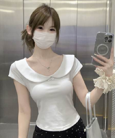 순수한 욕망 달콤함 베이비 칼라 반팔 티셔츠 여성 여름 새로운 연령 감소 쇼트 스타일 슬림해 보이는 순면 긍정적 인 어깨 다용도 맨위