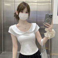 批发纯欲甜美<b class='q'>娃娃领</b>短袖<b class='q'>t</b><b class='q'>恤</b>女夏季新款减龄短款显瘦纯棉正肩百搭上衣