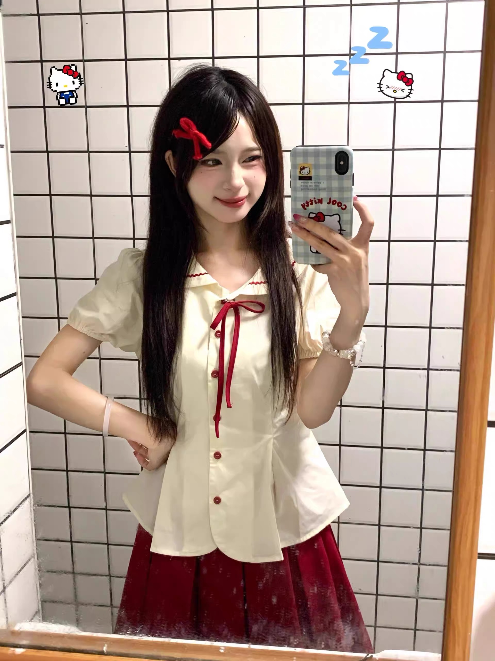 베이비 칼라 반팔 여성 셔츠 여름 나비 매듭 스트랩 배색 셔츠 재킷 학원 스타일 달콤함 몸매 가꾸기 맨위