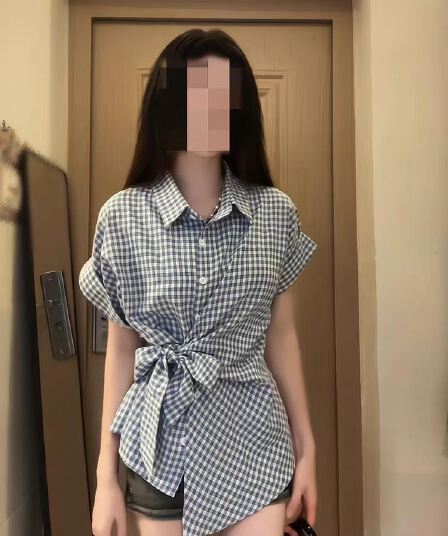 프랑스식 레트로 반팔 POLO 칼라 여성 셔츠 여름 디자인 센스 허리 수축 슬림해 보이는 불규칙 레이스업 체크무늬 맨위