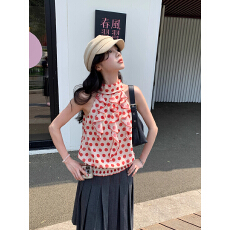 批发挂脖荡领上衣女设计感<b class='q'>无袖</b>内搭娃娃衫红色波点吊带<b class='q'>背心</b>