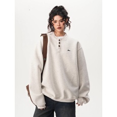 批发美式复古刺绣亨利领卫衣女男冬季宽松休闲简约百搭<b class='q'>打底衫</b>上衣