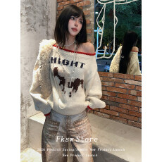 批发<b class='q'>羊绒</b>三根复古撞色斜肩套头正反两穿<b class='q'>毛衣</b>女露肩针织衫