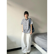 批发官图实价日系复古格子撞色polo领短袖<b class='q'>衬衫</b>夏季新款宽松百搭<b class='q'>衬衣</b>