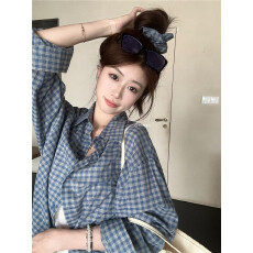 批发官图实价早春格子<b class='q'>防晒</b>衬衫2026甜美宽松衬衣长袖休闲上衣送头花