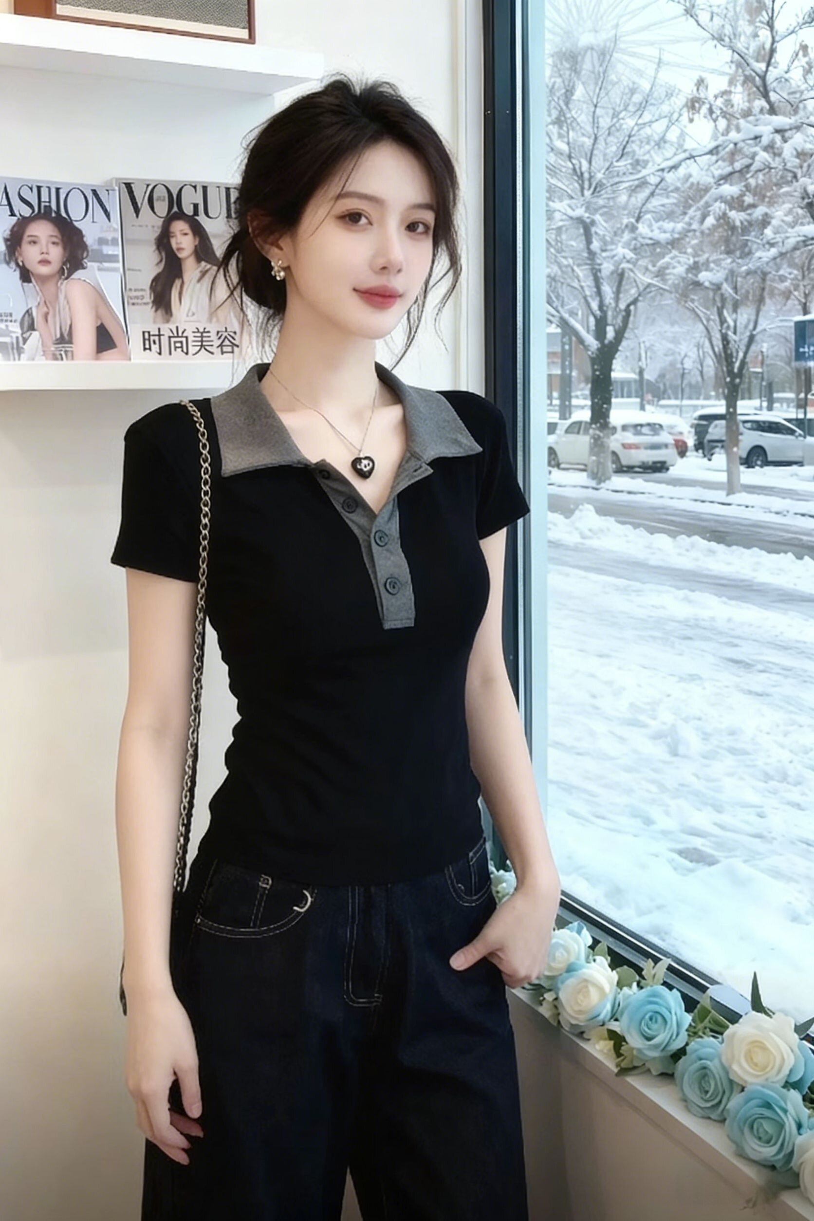 블랙 회색 폴로 칼라 몸매 가꾸기 슬림해 보이는 만나는 반팔 티셔츠 잘 생긴 특별 아름다운 꼬집기 허리 위로 의류