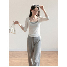 批发【官图实价】白色u领修身七分袖T恤女2026春季挂脖吊带<b class='q'>中袖</b>两件套