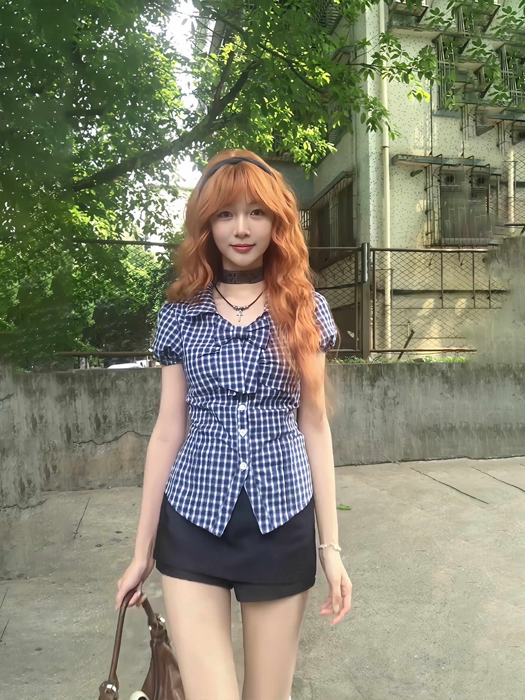 체크무늬 거품 소매 나비 매듭 긍정적 인 어깨 몸매 가꾸기 셔츠 꼬집기 허리 자르기 디자인 센스 핫걸 맨위