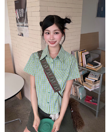 경관 그림 정가 학원 스타일 체크무늬 POLO 칼라 셔츠 여성용 짧은 소매 몸매 가꾸기 디자인 센스 작은 대중 맨위 셔츠 트렌디