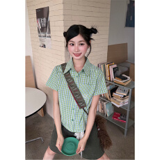 批发官图实价<b class='q'>学院</b><b class='q'>风格</b>纹Polo领<b class='q'>衬衫</b>女短袖修身设计感小众上衣<b class='q'>衬衣</b>潮