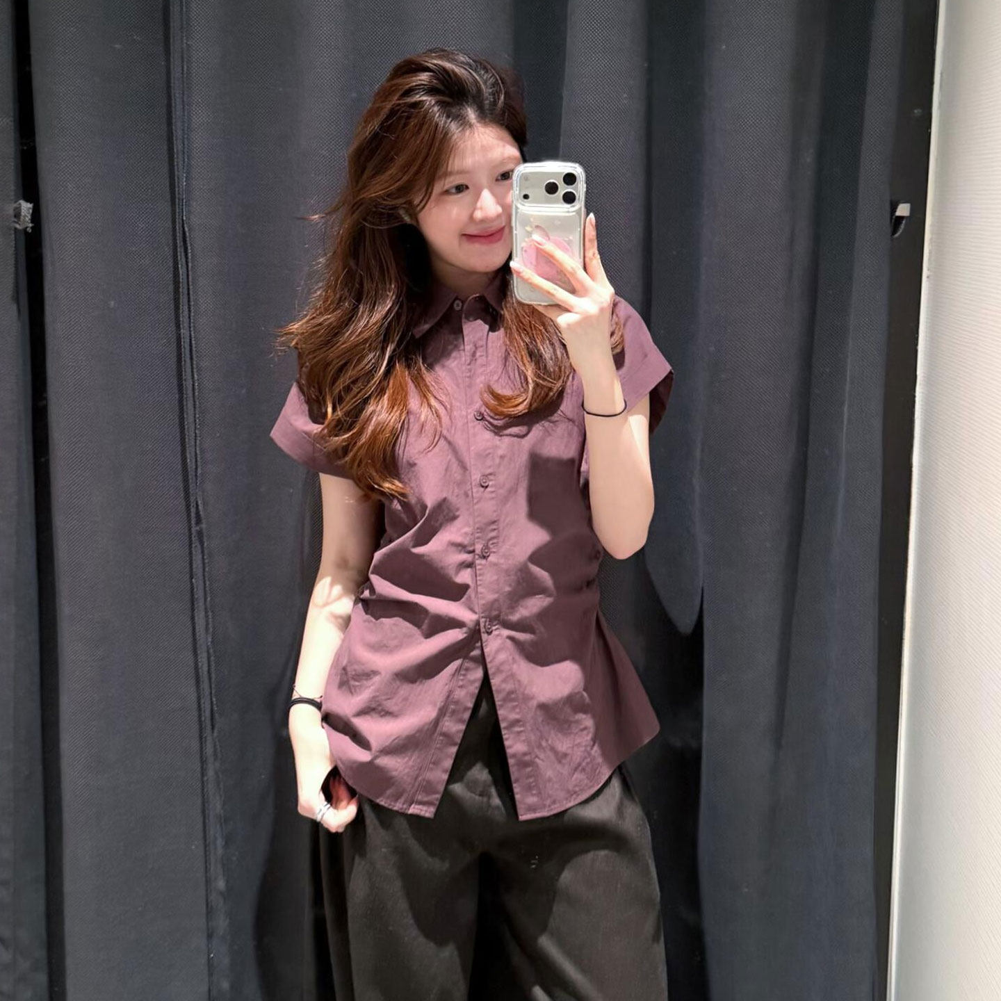 한 부서 출퇴근 착용 가져 가라. 보라색 폴로 칼라 여성 셔츠 여름 작은 대중 루즈핏 슬림해 보이는 품격 맨위