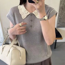 批发娃娃领夏季新款时尚<b class='q'>背心</b>女装宽松欧货针织衫薄款小飞袖半扣上衣