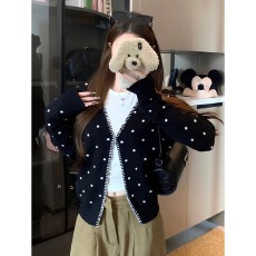 批发有货 黑色波点长袖毛衣外套女秋新款<b class='q'>时尚</b>百搭宽松显瘦针织开衫