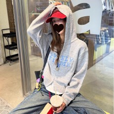 批发有货 韩系早秋穿搭双拉链长袖针织开衫新款<b class='q'>短款</b>连帽毛衣外套上衣