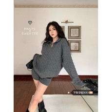 批发复古麻花慵懒套装女夏季2025新款长袖翻领毛衣高腰针织<b class='q'>短裤</b>两件套