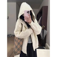 批发kumikumi慵懒风羊羔毛连帽拉链针织<b class='q'>外套</b>女装秋季小众宽松显瘦<b class='q'>上衣</b>
