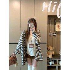 批发慵懒风连帽条纹毛衣外套女秋季2025新款休闲宽松显瘦百搭针织上衣