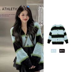 批发秋冬季大码高级撞色慵懒宽松开衫上衣胖mm条纹条纹毛衣针织外套女