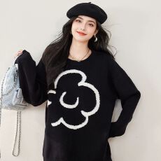 批发秋冬新款高级甜酷毛衣氛围宽松立体花朵慵懒黑色套头毛衣针织上衣