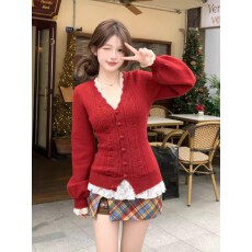 批发圣诞红色V领毛衣外套女2025新款冬季大码胖mm巨好看针织开衫上衣