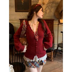 圣诞新年红色法式温柔风v领钩花针织开衫秋冬新款修身麻花上衣