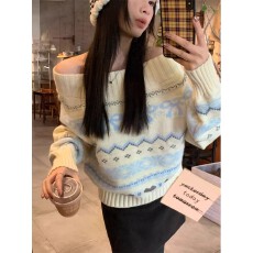 提花费尔岛针织毛衣女秋季2025新款宽松显瘦短款露肚脐一字肩上衣