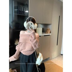 批发温柔风粉色一字肩绞花长袖毛衣女冬季宽松保暖<b class='q'>针织</b>衫气质休闲<b class='q'>上衣</b>
