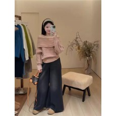 批发温柔风套装一字肩<b class='q'>针织</b>毛衣女冬季高腰显瘦牛仔裤阔腿裤时尚两件套