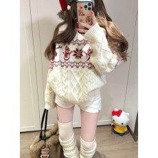 批发圣诞氛围感费尔岛圆领毛衣女秋冬季宽松厚实慵懒风<b class='q'>针织</b>衫复古<b class='q'>上衣</b>