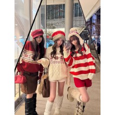 批发费尔岛圣诞提花圆领套头毛衣女秋冬设计感宽松慵懒<b class='q'>针织</b>衫长袖<b class='q'>上衣</b>