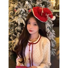 批发红色波点蝴蝶结设计感跨年穿搭针织衫毛衣女款2025新款秋冬季上衣