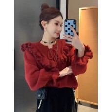 批发红色荷叶边喇叭袖正肩<b class='q'>毛衣</b>女2025新款冬大码胖mm马海毛针织衫上衣