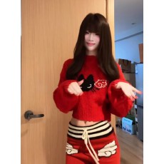 批发秋冬圣诞穿搭<b class='q'>毛衣</b>女2026新款巨好看小猫红色提花<b class='q'>短款</b>软糯针织衫KI