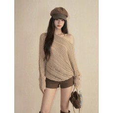 批发气质氛围感斜肩针织打底衫女秋季下摆斜边慵懒<b class='q'>蝙蝠</b>衫别致漂亮上衣